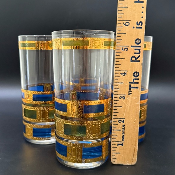 Set of 4 Vintage MCM MidMod CULVER Empress Blue Green 22K Gold Highball Glasses - Picture 8 of 16